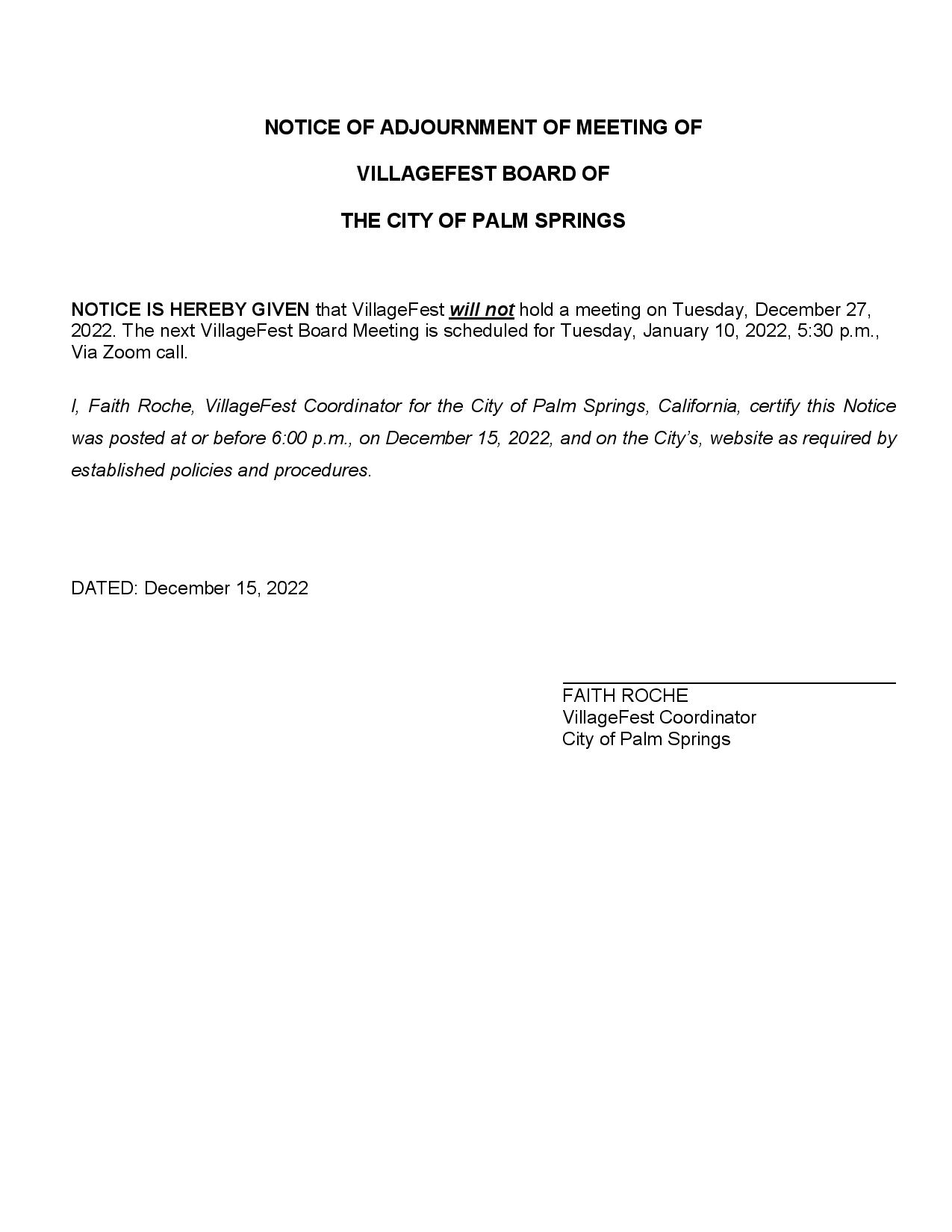 NOTICE OF ADJOURNMENT December 27, 2022