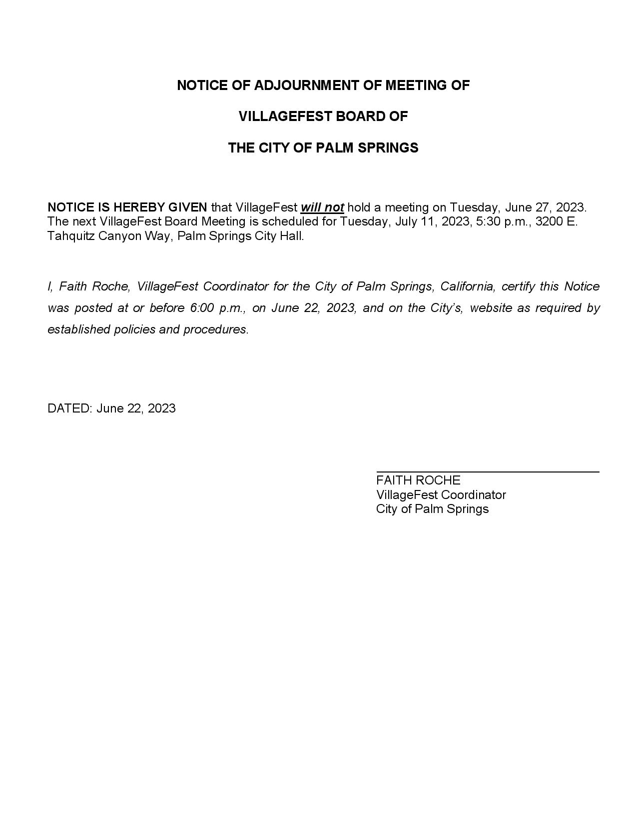 NOTICE OF ADJOURNMENT June 27, 2023