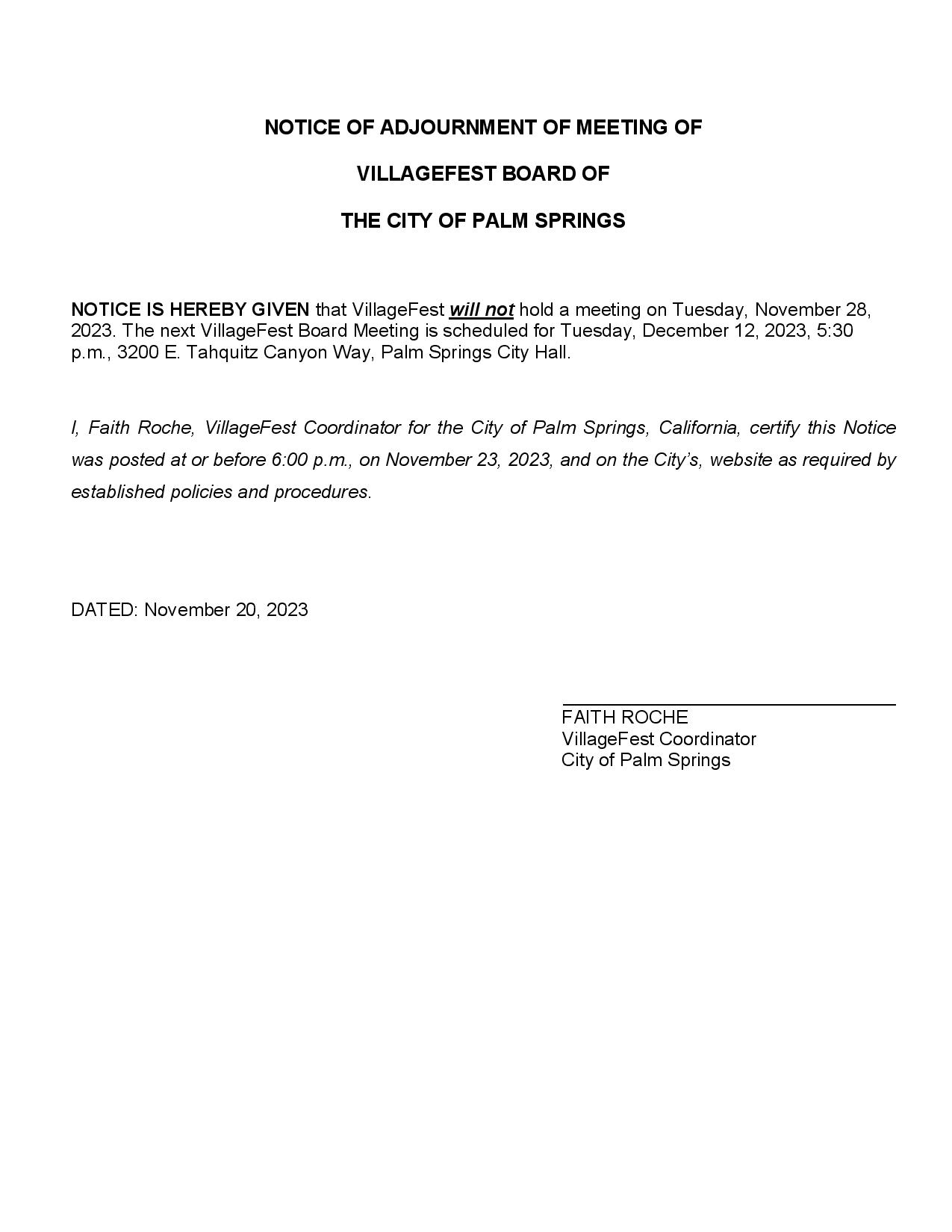 NOTICE OF ADJOURNMENT  November 28, 2023