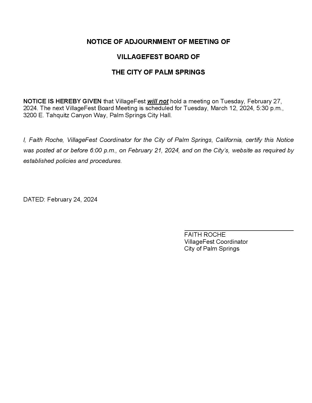 NOTICE OF ADJOURNMENT February 27, 2024