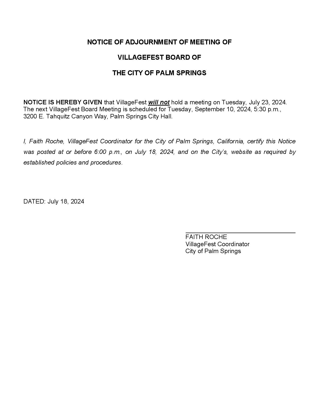 NOTICE OF ADJOURNMENT July 23, 2024